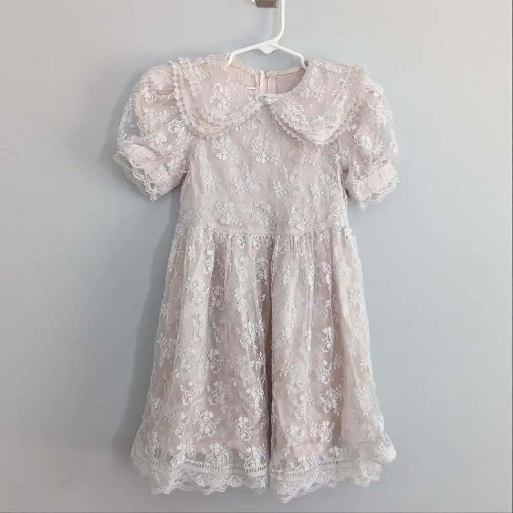 Vintage Girls Gunne Sax Blush Pink Lace Dress 1970 1980 USA Made Size Small